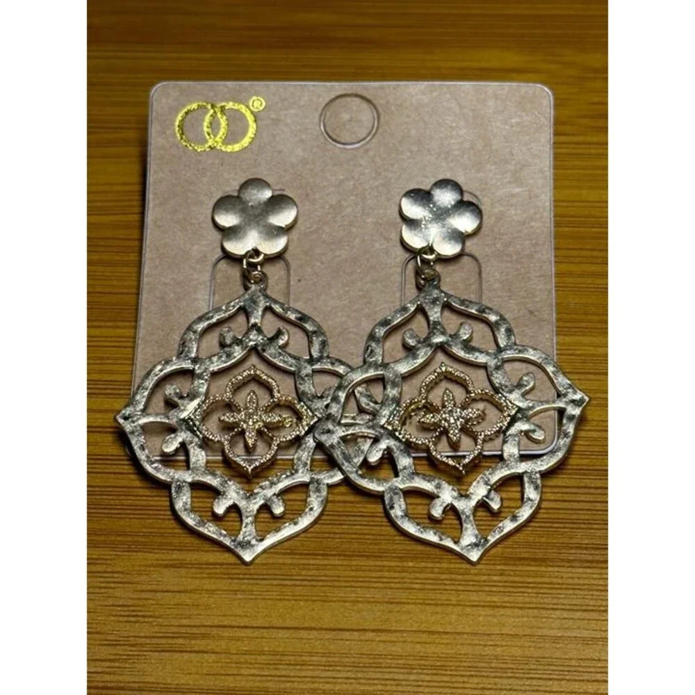 Gold Tone Moroccan Filigree Dangle Earrings Boho Statement Flower Style New